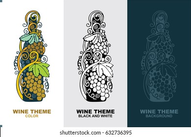 Hand-drawn grape and wine bottle illustration.