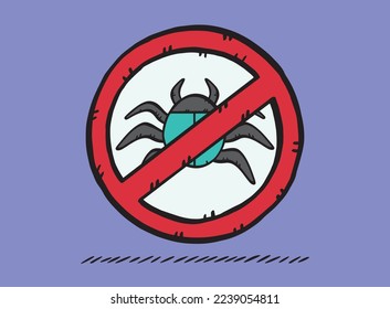 A hand-drawn graphic of a ban sign for computer worms and viruses located on a laptop screen. This sign indicates that the antivirus is running.
