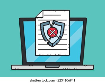 A hand-drawn graphic depicting a laptop along with a document with fail antivirus protection. Color vector illustration. The antivirus shield is shattered.