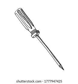 A hand-drawn graphic image of a screwdriver. Joiner's tool. Black and white vector image isolated on white background.