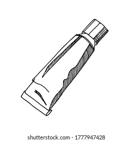Hand-drawn graphic image of a tube from toothpaste, glue, cream, paints. Vector image. Isolated on a white background.