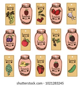 Hand-drawn graphic labels with vegetables and fruits