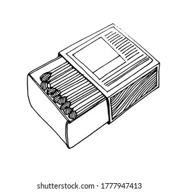 A hand-drawn graphic representation of an open matchbox with matches. Black and white vector image isolated on white background.