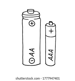A hand-drawn graphic representation of two batteries of different sizes. Black and white vector image isolated on white background.