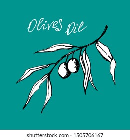 hand-drawn in graphic scandinavian style olives and leaves black and white on a turquoise isolated background for use in design, natural oil, italian cuisine, packaging, postcards, food