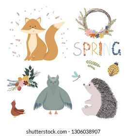 Handdrawn graphic set with spring flowers and animals: fox, hedgehog, owl, ladybug, bird and dragonfly
