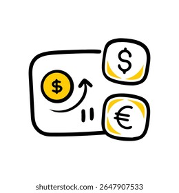 Um gráfico à mão mostra uma moeda de dólar e uma moeda de euro dentro de um quadro. Uma seta indica uma transição do dólar para o euro, simbolizando o câmbio de moeda.