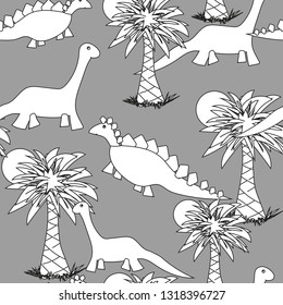 Hand-drawn Graphics Dinosaurs and Palm Trees with Sun on Gray