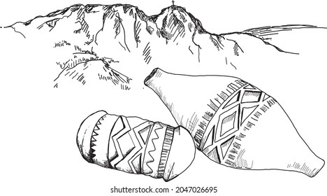 Hand-drawn graphics presenting the peak of the Giewont Tatra Mountains and a typical highlander cheese. svg