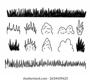 Hand-drawn grass and bush silhouette vector set. Ideal for landscaping design, nature illustrations, and outdoor elements