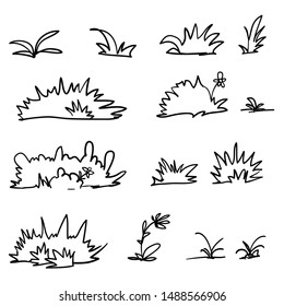 handdrawn grass fresh spring plants, different herbs and bushes in doodle cartoon style vector