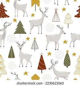 Hand-drawn gray deer with Christmas trees and abstract decor in Scandinavian style. Seamless vector pattern with wild animals for wallpaper or wrapping paper for New Year and Christmas winter holidays