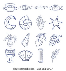 Handdrawn Greek Sketch Pattern with Ocean Summer Doodle Outline Aesthetic