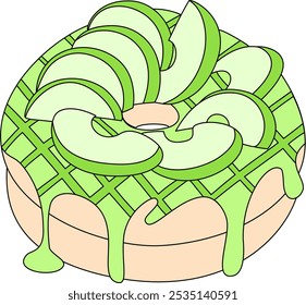 Donut de manzana verde dibujado a mano con esmalte goteante y cubierta de frutas