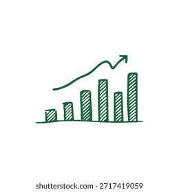 Un gráfico de barras verde dibujado a mano con una flecha de tendencia ascendente, todo sobre un fondo blanco