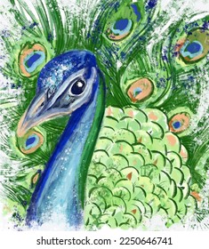 Handdrawn green and blue peacock on white background. Add an elegant, exotic touch to cards, t-shirts, brochures