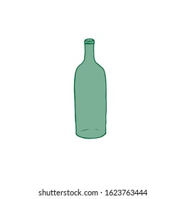 Hand-drawn green bottle on a white background. Alcoholic drink in a glass container. Empty vessel for wine or lemonade. Nonalcoholic beer.