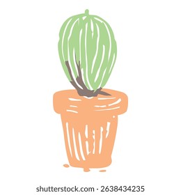 Hand-drawn green cactus in a potted plant design, featuring a simple and clean style suitable for home and office decor.