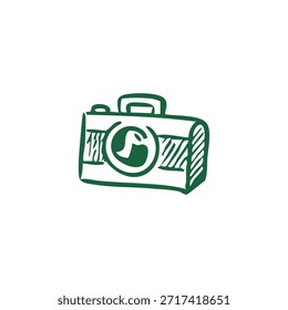 A hand-drawn green camera icon with hatch-lined details and white background