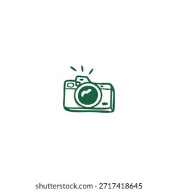 A hand-drawn green camera icon with light flares on a white background