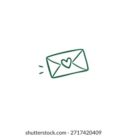 A hand-drawn, green envelope with a heart, and motion lines on white