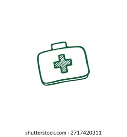 Kit de primeros auxilios verde dibujado a mano con una cruz sobre un fondo blanco