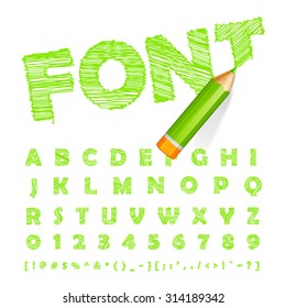 Hand-drawn green font drawn with highly detailed green pencil. The alphabet in style of sketch. Vector sketch letters and figures