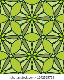 Hand-drawn green geometric polygonal seamless vector pattern with stars and ellipses.