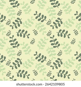 Hand-drawn green leaves on a beige background. Seamless pattern is plant for clothing, fabric, wallpaper, backdrop, home decoration, cover book, and wall art. Vintage style. 