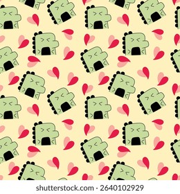 Hand-drawn green minimal dinosaur on a light yellow background. Seamless pattern is animal for clothing, fabric, wallpaper, backdrop, home decoration, cover book, and wall art. 