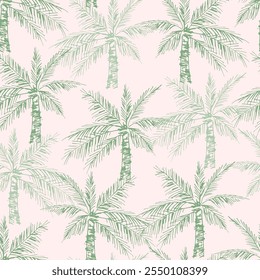 Hand-drawn green palm trees on a pale pink background. Simple tropical floral vector seamless pattern. For fabric prints, textile products, beachwear, Hawaiian shirt.