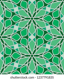 Hand-drawn green seamless vector pattern with geometrical floral ornament.