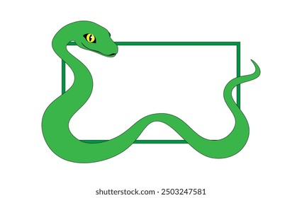 Hand-drawn Green snake coiling around a rectangular frame, isolated on a transparent background. Symbol of Chinese New Year. Copy space. Vector illustration