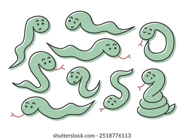 Hand-drawn green snake pattern. Vector illustration. Cute snakes in different poses. For backgrounds, wallpapers, wrapping paper and fabrics.