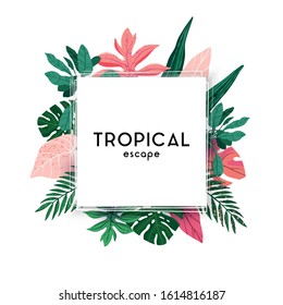 Hand-drawn green summer tropical background with palm leaves and exotic plants. Vector floral background.