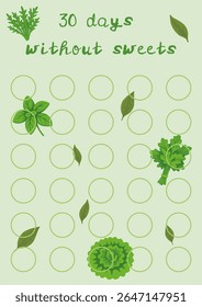 Tracker de hábito de 30 dias com tema verde desenhado à mão apresentando ervas, alface, manjericão, salsa e folhas em um fundo verde claro. Design bonito e mínimo para estilo de vida saudável, planos de dieta, planejadores de refeições.
