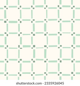 Hand-Drawn Green and White Geometric Checks Vector Seamless Pattern. Modern Retro Palyful Print. Organic Square Shapes