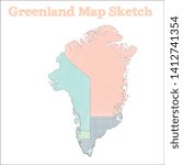 Hand-drawn Greenland map vector illustration. Pastel colored regions, sketch style. Perfect for travel or education.