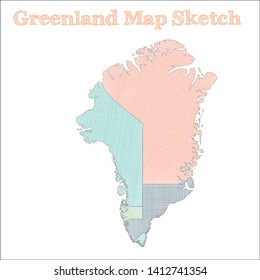 Hand-drawn Greenland map vector illustration. Pastel colored regions, sketch style. Perfect for travel or education.