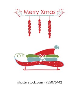 Hand-drawn  greeting card with Christmas sleigh. Vector illustration. xmas card.
