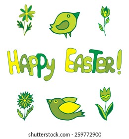 Hand-drawn greeting card "Happy Easter" with flowers and birds on isolated background