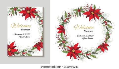 hand-drawn greeting card, an invitation made of flowers isolated on a white background. realistic Botanical bouquets,  of  flowers (poinsettia,  mistletoe, Holly). for postcards, invitations, holidays