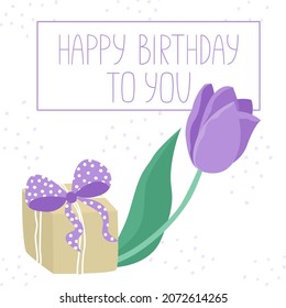 Hand-drawn greeting card with a tulip and a gift box. Delicate and cute postcard with a flower for a woman square format. Drawn lilac tulip on a white background