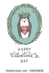 Hand-drawn greeting card for Valentine's Day with a cartoon penguin holding a heart on a white background. Vector illustration.