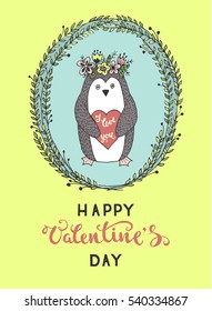 Hand-drawn greeting card for Valentine's Day with a cartoon penguin holding a heart. Vector illustration.