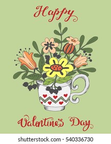 Hand-drawn greeting card for Valentine's Day. Cup with abstract flowers, vector illustration.