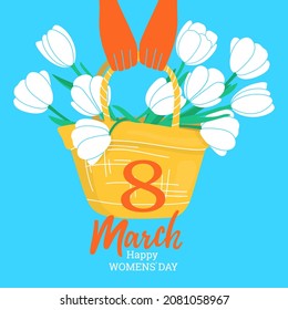 Hand-drawn greeting card for women's day with white tulips in a wicker bag. Colorful vector illustration. March 8.