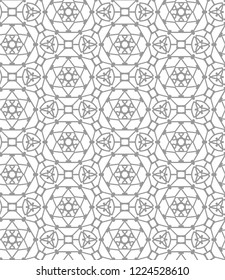 Hand-drawn grey abstract seamless vector pattern with hexagrams.
Seamless monochrome backdrop with grey contour of stars, squares and hexagons.