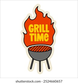 Parrilla dibujada a mano con texto de Grill Time. Pegatina creativa que simboliza la barbacoa, el verano y la cocina al aire libre. Ilustración vectorial para los amantes de la comida, fiestas de barbacoa y reuniones divertidas.