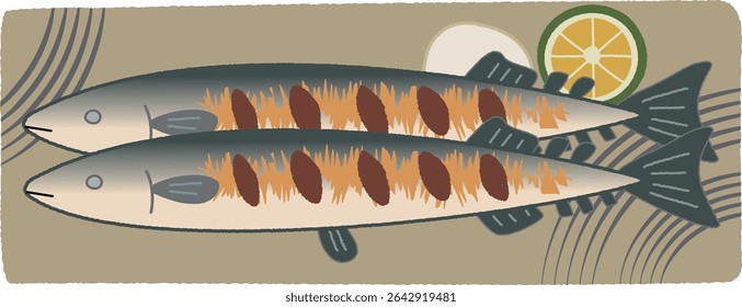 Hand-Drawn Grilled Pacific Saury Illustration with Two Fish
